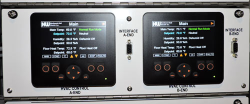 Electronic display screens showing various operating functions of the system